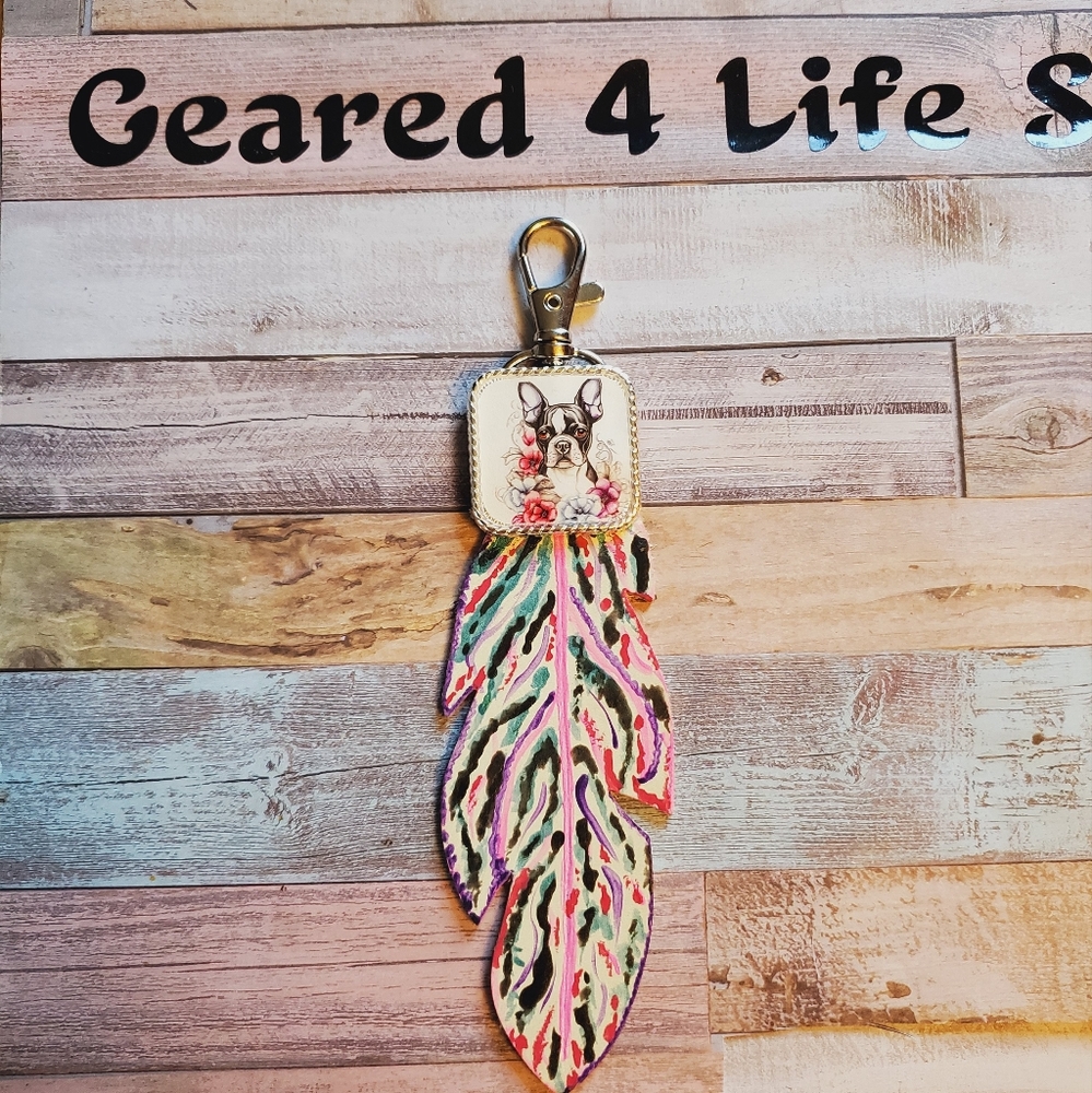 Boston terrier Handmade feather purse charm Keychain dog lover gift